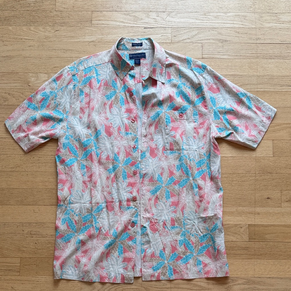 NWOT Weekender Luau Edition Hawaiian Short-Slv Shirt, Coral & Teal Palm, Large